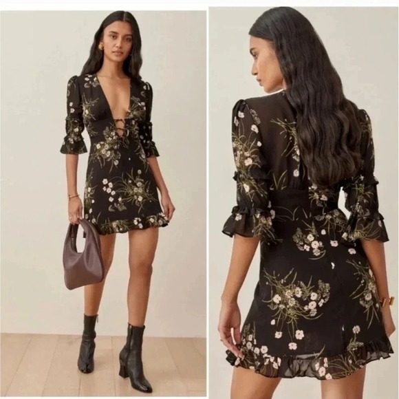 Reformation Black Mini Dress Laurelei Floral Cottagecore Deep V Size 0 - Picture 3 of 11